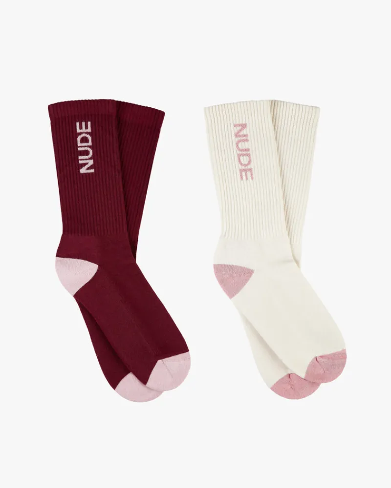 Nude Project Logo Socks White/Burgundy 2Xpack Clearance
