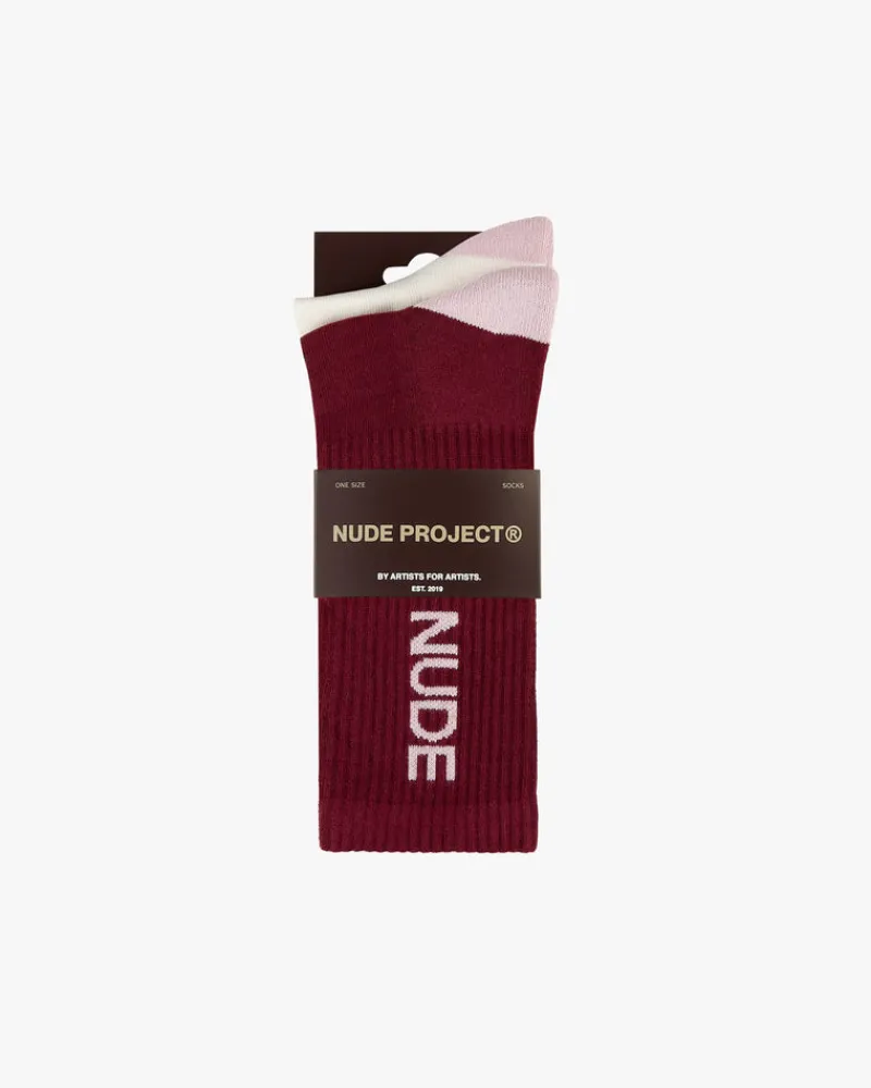 Nude Project Logo Socks White/Burgundy 2Xpack Clearance