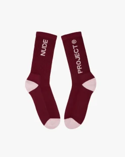 Nude Project Logo Socks White/Burgundy 2Xpack Clearance