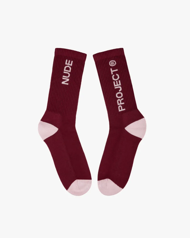 Nude Project Logo Socks White/Burgundy 2Xpack Clearance